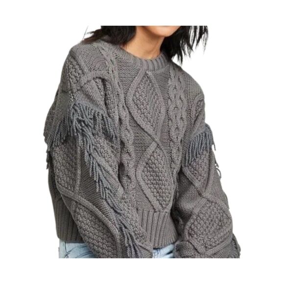 NWT $118 ANTHROPOLOGIE  LINE & DOT Charcoal GrayCable Knit Sweater Fringe Small - Picture 3 of 13